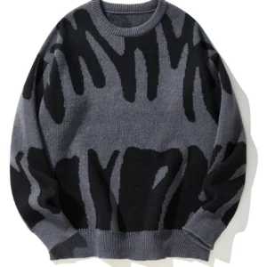 Men's Jacquard Pattern Pullover - Contrast Color Knit Sweater