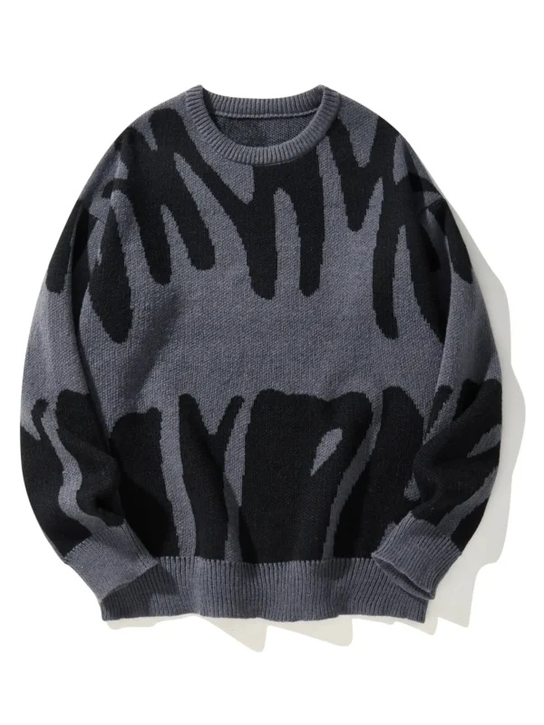 Men's Jacquard Pattern Pullover - Contrast Color Knit Sweater