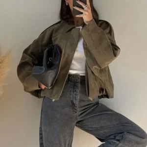 Women's Suede Bomber Jacket Vintage Loose Lapel Zipper Motorcycle Coat