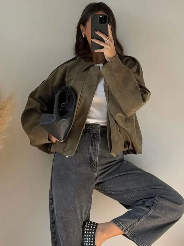 Women's Suede Bomber Jacket Vintage Loose Lapel Zipper Motorcycle Coat