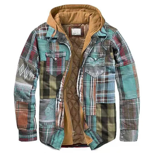 Men's Quilted Plaid Shirt Jacket with Velvet Lining and Hood for Winter Warmth - Image 4