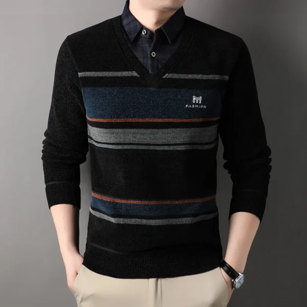 Men's Striped Fleece Sweater Thickened Crewneck Pullover - Image 4