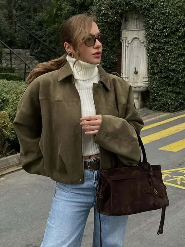 Women's Suede Bomber Jacket Vintage Loose Lapel Zipper Motorcycle Coat - Image 3