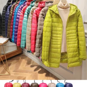 Women's Long Warm Down Coat with Storage Bag Hip-Length Light Jacket