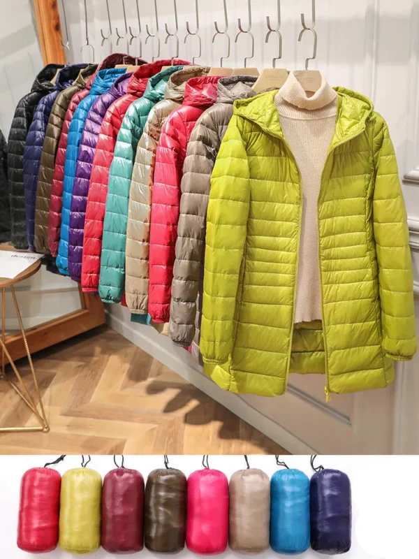Women's Long Warm Down Coat with Storage Bag Hip-Length Light Jacket