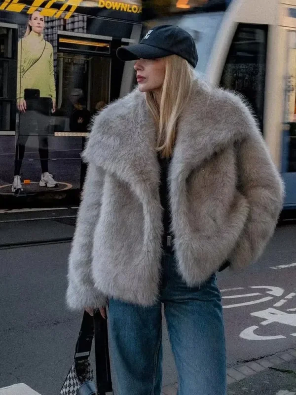 Women's Elegant Faux Fur Coat Fluffy Loose Long Sleeve Lapel Jacket - Image 2