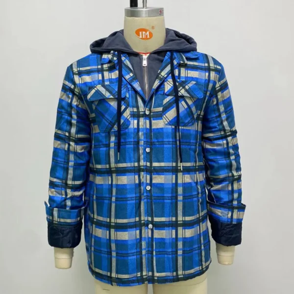 Men's Quilted Plaid Shirt Jacket with Velvet Lining and Hood for Winter Warmth - Image 5