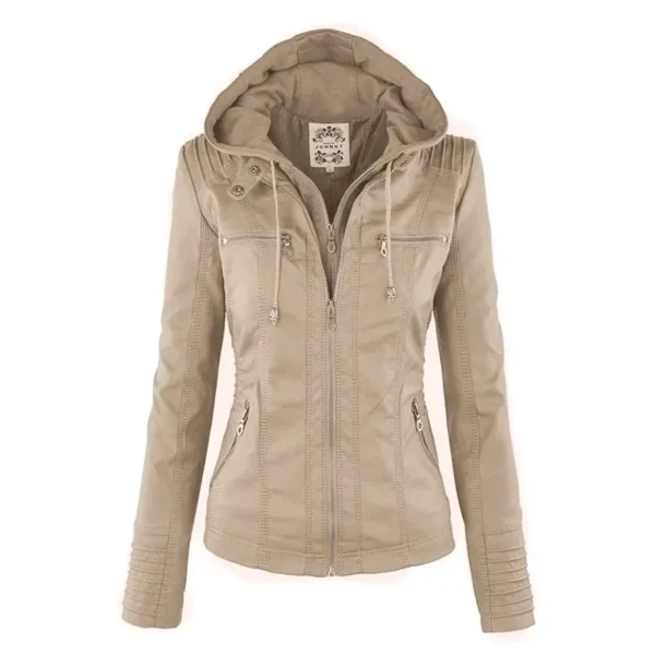 Women's Faux Leather Jacket 2025 Motorcycle Style PU Leather Zipper Hooded Coat - Image 4