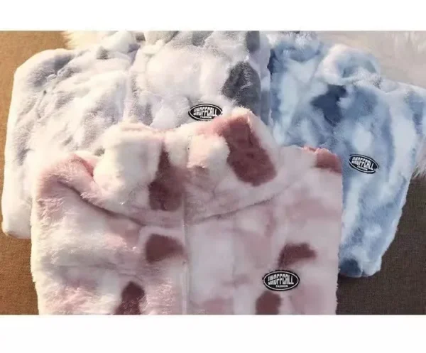 Women's Tie Dye Lamb Fleece Jacket Plush Zipper Harajuku Thick Coat - Image 4