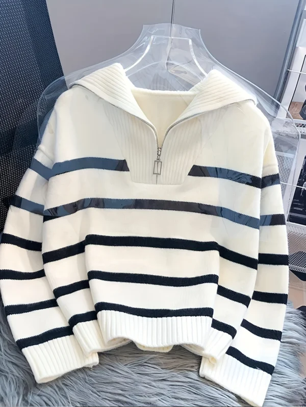 Women's Thickened Zipper Striped Pullover Top - Image 4