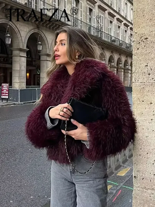 Women's Elegant Faux Fur Coat Fluffy Loose Long Sleeve Lapel Jacket - Image 3