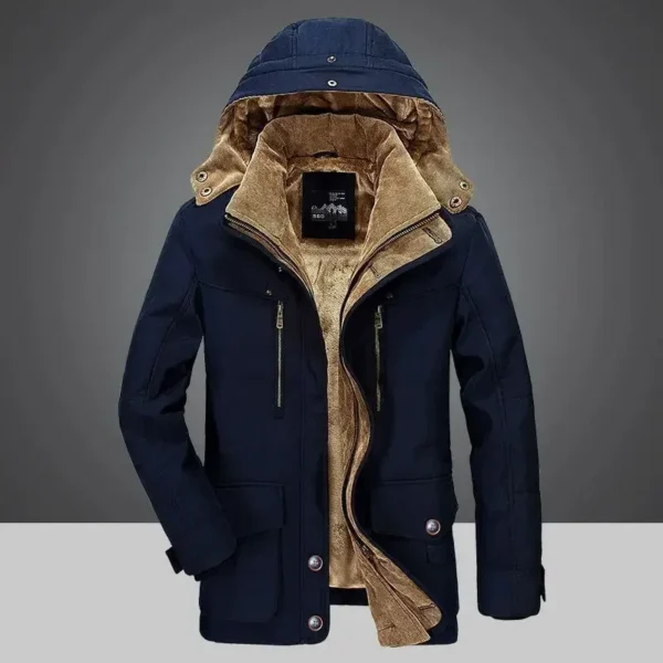 Men's Solid Parka Coat Large Size Winter Jacket with Velvet Lining and Multi Pockets
