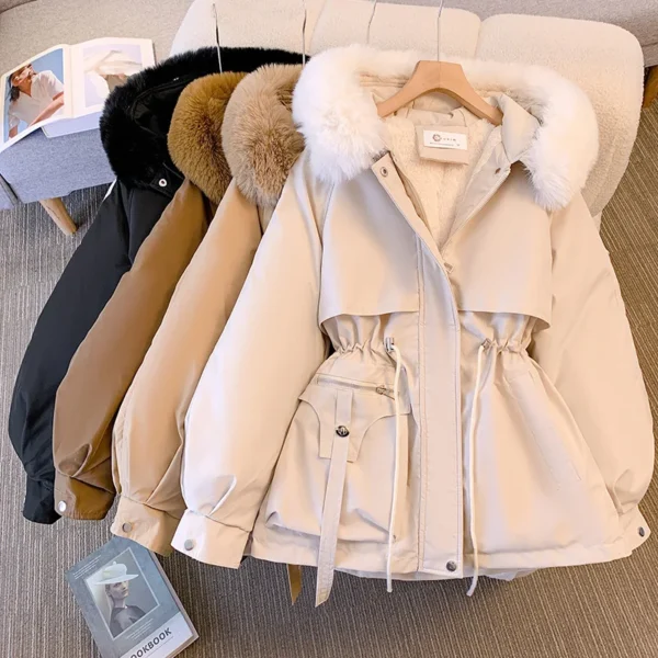 Women's Fleece Lined Hood Down Jacket Drawstring Padded Parka - Image 2