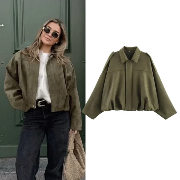 Women's Vintage Bomber Jacket Turn Down Collar Loose Fit Long Sleeve Coat