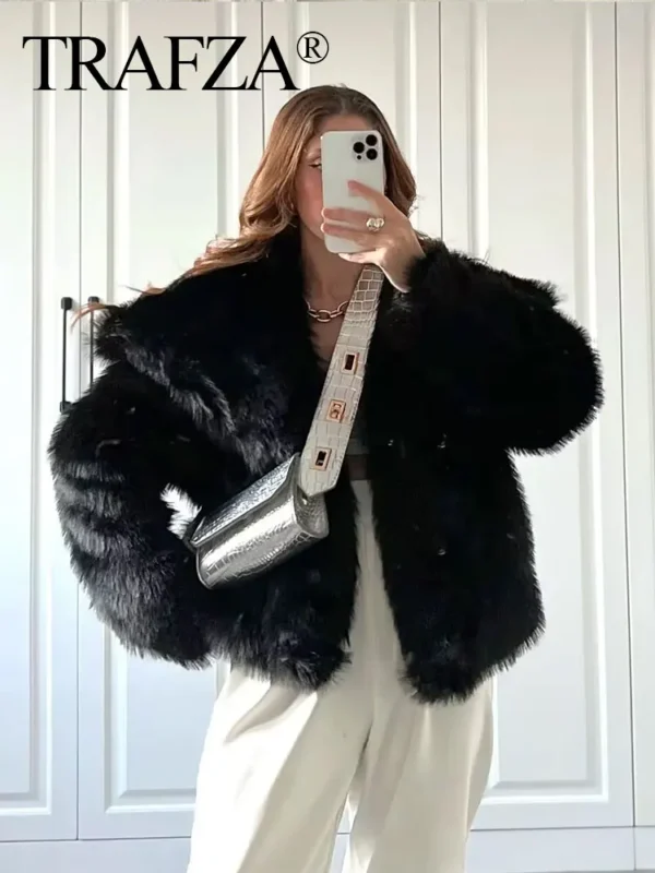 Women's Elegant Faux Fur Coat Fluffy Loose Long Sleeve Lapel Jacket - Image 5