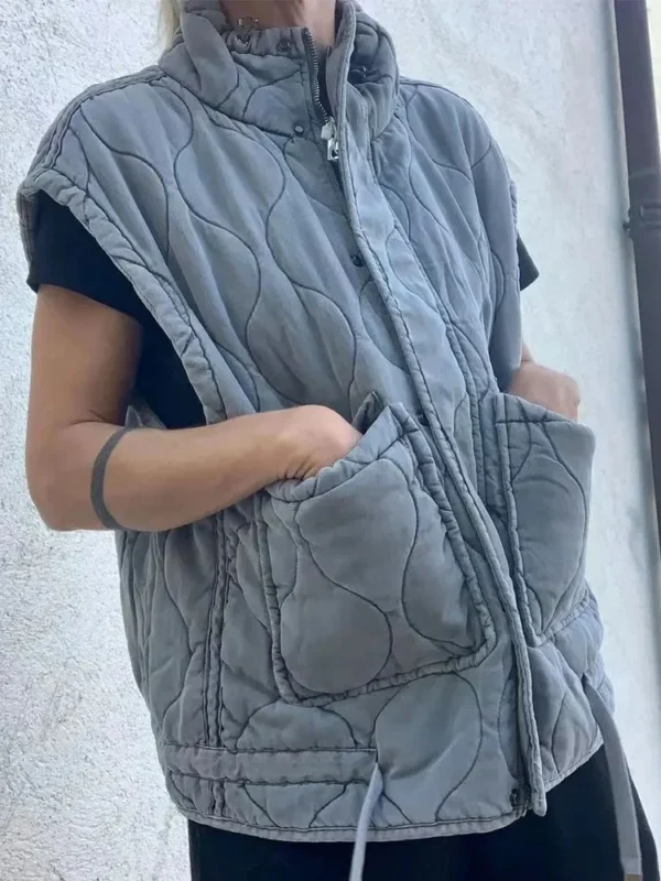 Women's Lightweight Sleeveless Cotton Vest Coat with Standing Collar and Pockets - Image 2