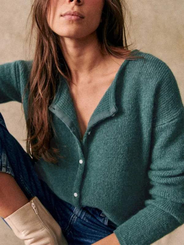 Women's Button-Front Knit Sweater - Round Neck Solid Color Pullover - Image 4