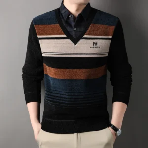 Men's Striped Fleece Sweater Thickened Crewneck Pullover
