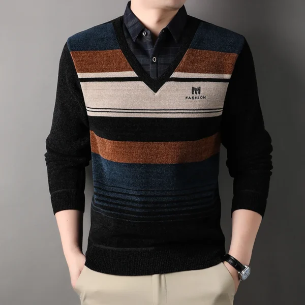 Men's Striped Fleece Sweater Thickened Crewneck Pullover