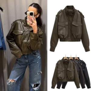 Women's Crop Leather Jacket Y2K Vintage Bomber Long Sleeve Top