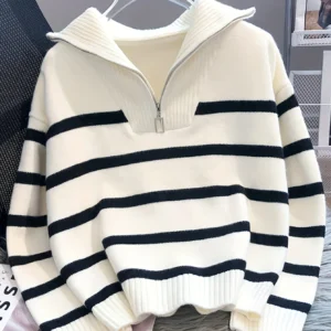 Women's Thickened Zipper Striped Pullover Top