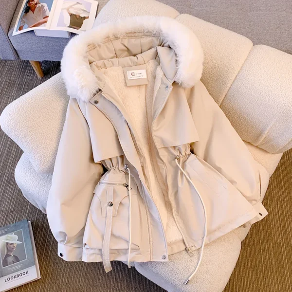 Women's Fleece Lined Hood Down Jacket Drawstring Padded Parka - Image 3