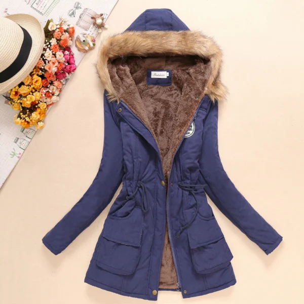 Women's Padded Cotton Jacket Slim Fit Embroidery Hooded Parka Warm Overcoat - Image 3