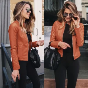Women's Large Size PU Leather Jacket Slim Street Elegant Top