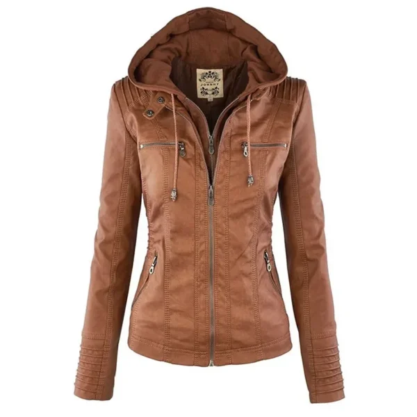 Women's Faux Leather Jacket 2025 Motorcycle Style PU Leather Zipper Hooded Coat - Image 2