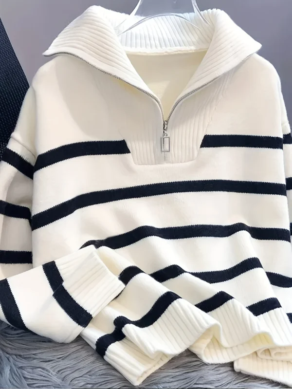 Women's Thickened Zipper Striped Pullover Top - Image 5