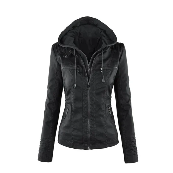Women's Faux Leather Jacket 2025 Motorcycle Style PU Leather Zipper Hooded Coat - Image 5
