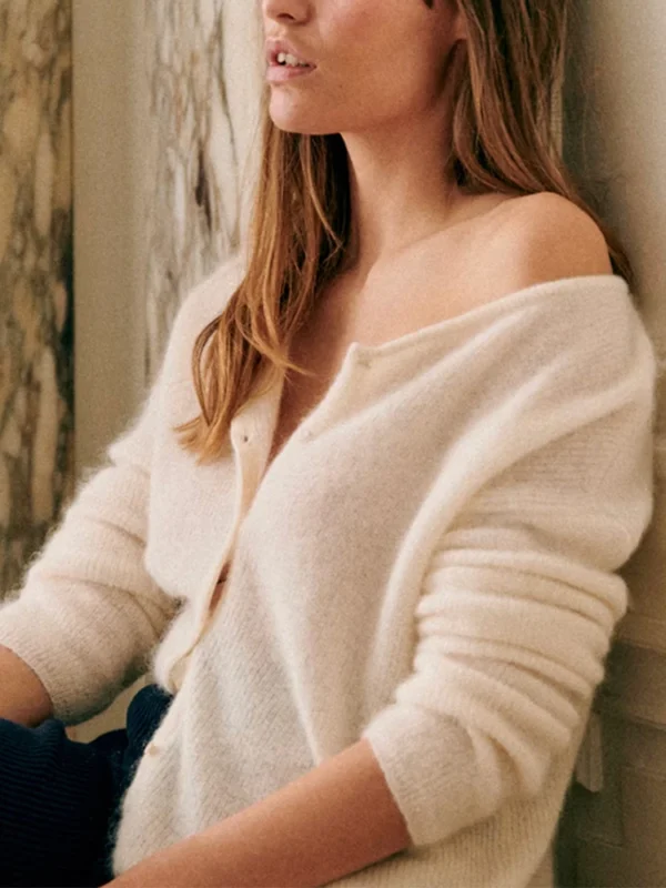 Women's Button-Front Knit Sweater - Round Neck Solid Color Pullover - Image 2