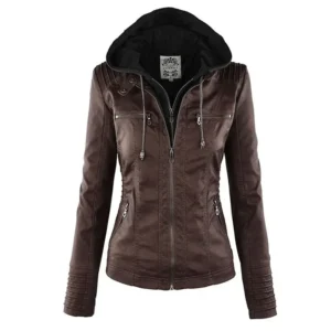 Women's Faux Leather Jacket 2025 Motorcycle Style PU Leather Zipper Hooded Coat