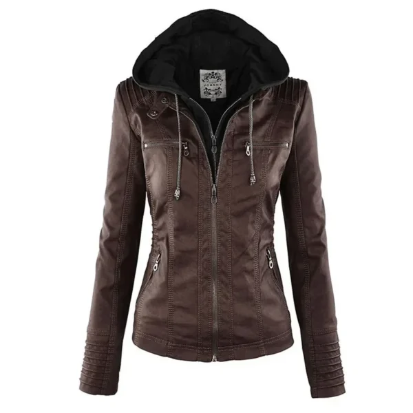 Women's Faux Leather Jacket 2025 Motorcycle Style PU Leather Zipper Hooded Coat