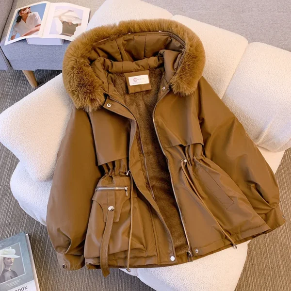 Women's Fleece Lined Hood Down Jacket Drawstring Padded Parka - Image 6
