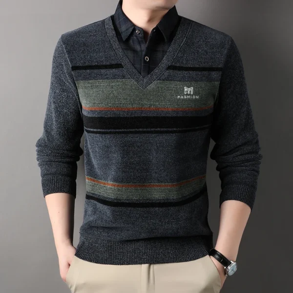 Men's Striped Fleece Sweater Thickened Crewneck Pullover - Image 6