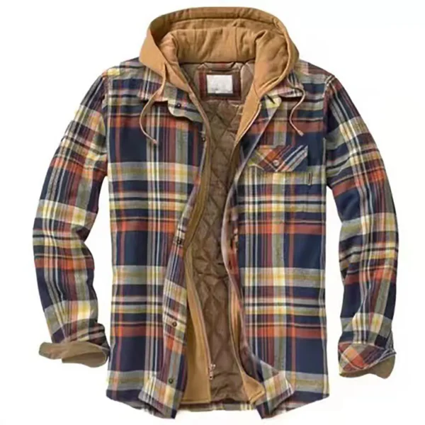 Men's Quilted Plaid Shirt Jacket with Velvet Lining and Hood for Winter Warmth