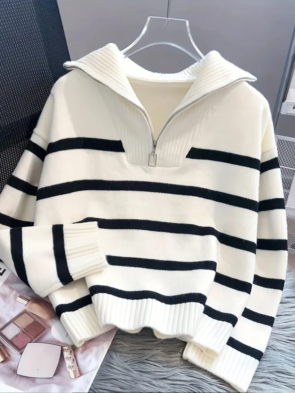 Women's Thickened Zipper Striped Pullover Top - Image 3
