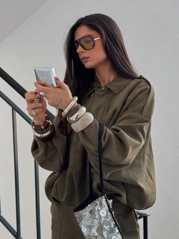 Women's Suede Bomber Jacket Vintage Loose Lapel Zipper Motorcycle Coat - Image 6