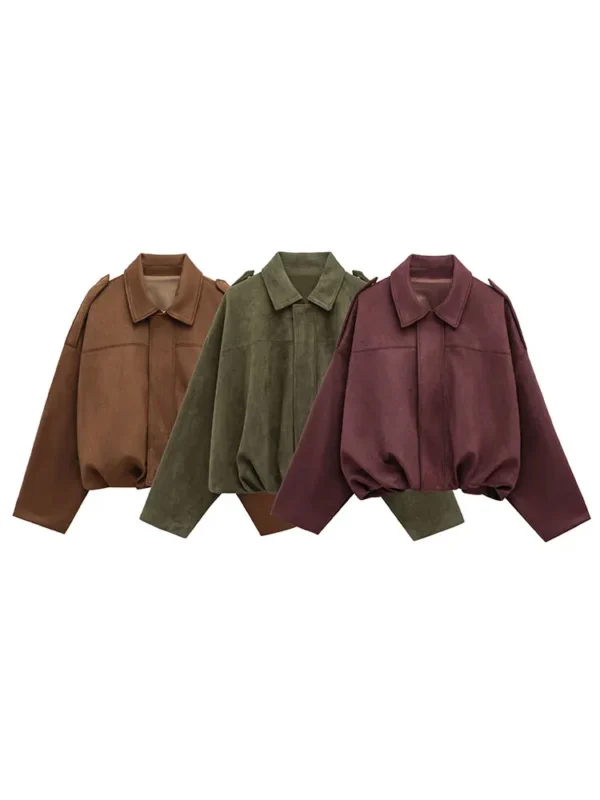Women's Suede Bomber Jacket Vintage Loose Lapel Zipper Motorcycle Coat - Image 2