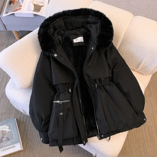 Women's Fleece Lined Hood Down Jacket Drawstring Padded Parka - Image 4