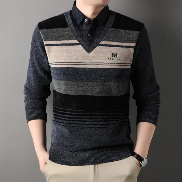 Men's Striped Fleece Sweater Thickened Crewneck Pullover - Image 3