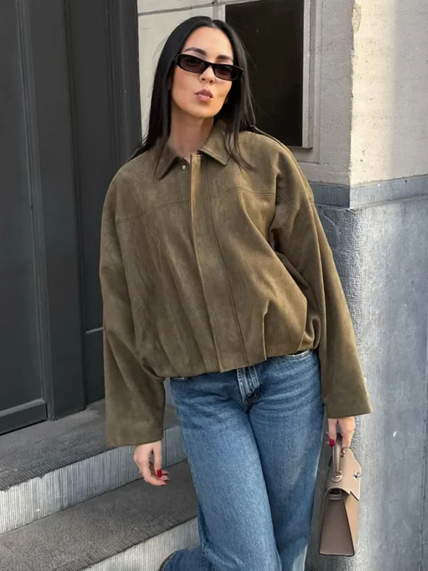 Women's Suede Bomber Jacket Vintage Loose Lapel Zipper Motorcycle Coat - Image 4