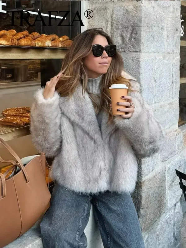 Women's Elegant Faux Fur Coat Fluffy Loose Long Sleeve Lapel Jacket