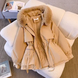 Women's Fleece Lined Hood Down Jacket Drawstring Padded Parka