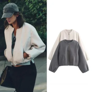 Women's Retro Bomber Jacket Round Neck Elastic Hem Soft Zipper Coat