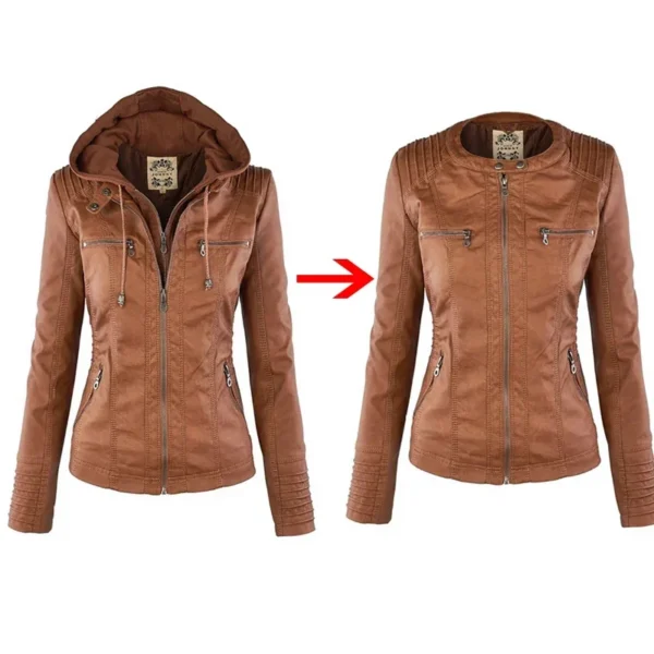 Women's Faux Leather Jacket 2025 Motorcycle Style PU Leather Zipper Hooded Coat - Image 3