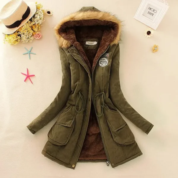 Women's Padded Cotton Jacket Slim Fit Embroidery Hooded Parka Warm Overcoat - Image 4