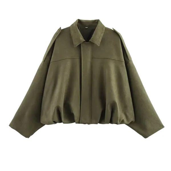 Women's Vintage Bomber Jacket Turn Down Collar Loose Fit Long Sleeve Coat - Image 5