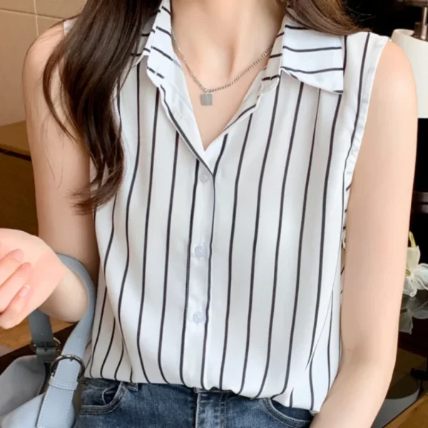 Women's Chiffon Sleeveless Striped Blouse - Image 3